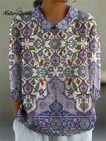 Summer Ethnic Pattern Printed Women's Casual Cotton And Linen 3/4 Sleeve Shirt