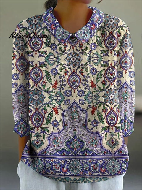 Summer Ethnic Pattern Printed Women's Casual Cotton And Linen 3/4 Sleeve Shirt