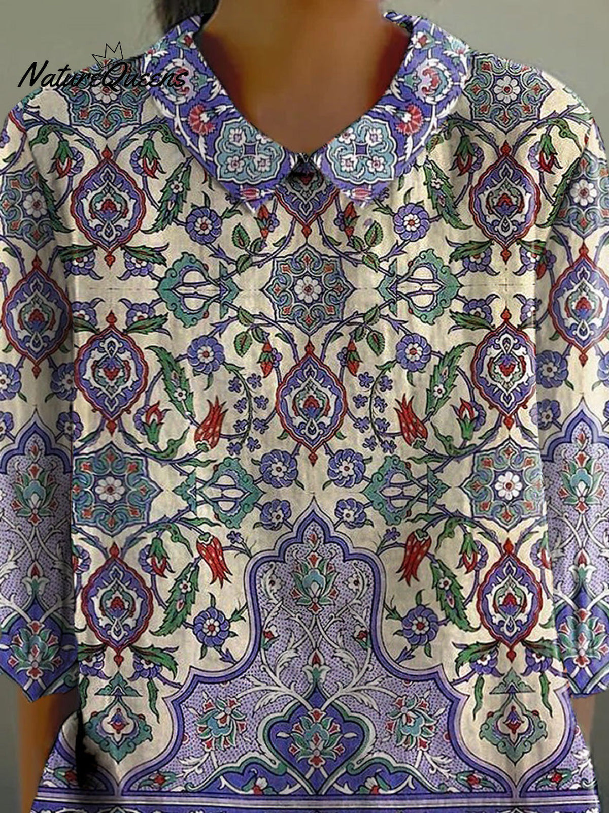 Summer Ethnic Pattern Printed Women's Casual Cotton And Linen 3/4 Sleeve Shirt
