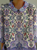 Summer Ethnic Pattern Printed Women's Casual Cotton And Linen 3/4 Sleeve Shirt