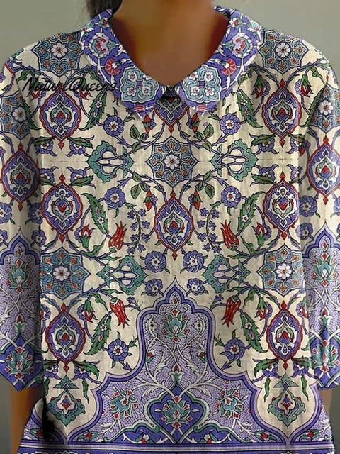 Summer Ethnic Pattern Printed Women's Casual Cotton And Linen 3/4 Sleeve Shirt