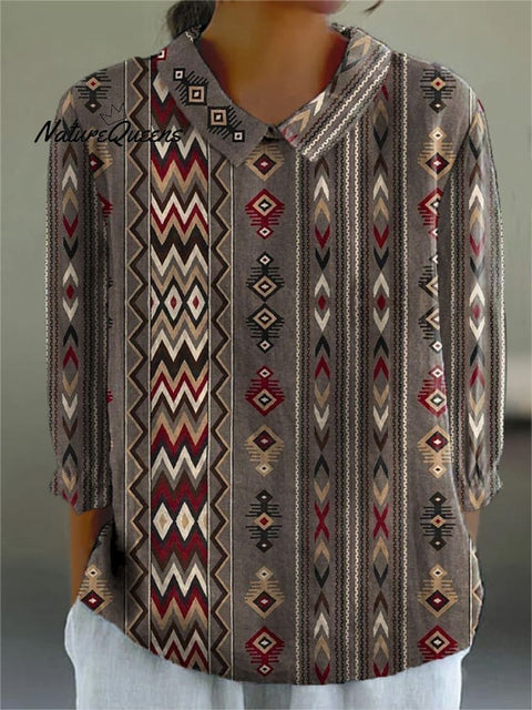 Ethnic Style Azteca Pattern Printed Women's Casual Cotton And Linen 3/4 Sleeve Shirt