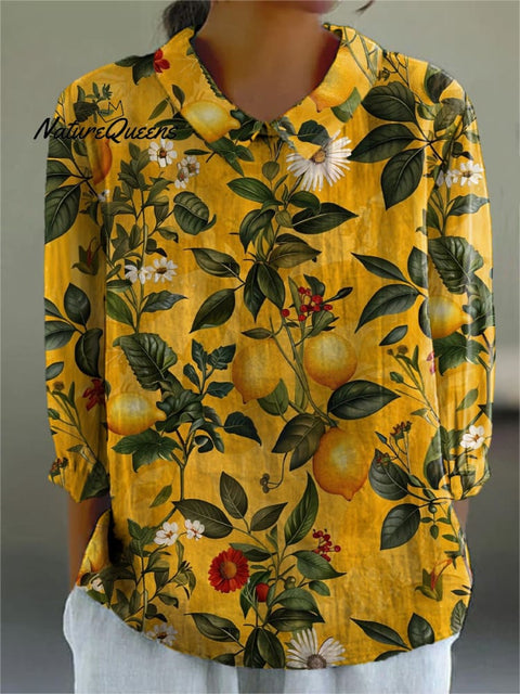 Summer Citrus Lemon Pattern Printed Women's Casual Cotton And Linen 3/4 Sleeve Shirt