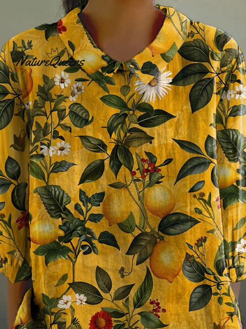 Summer Citrus Lemon Pattern Printed Women's Casual Cotton And Linen 3/4 Sleeve Shirt