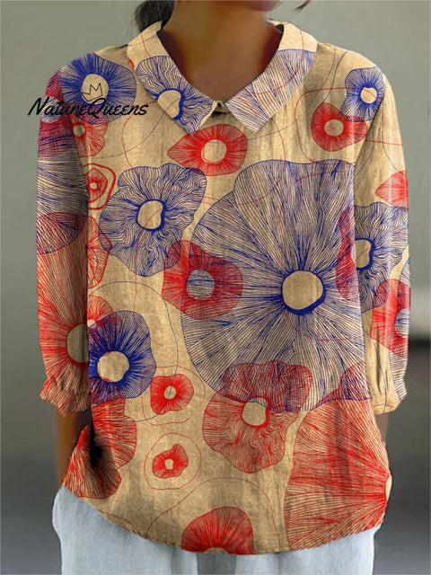 Modern Geometric Pattern Printed Women's Casual Cotton And Linen 3/4 Sleeve Shirt