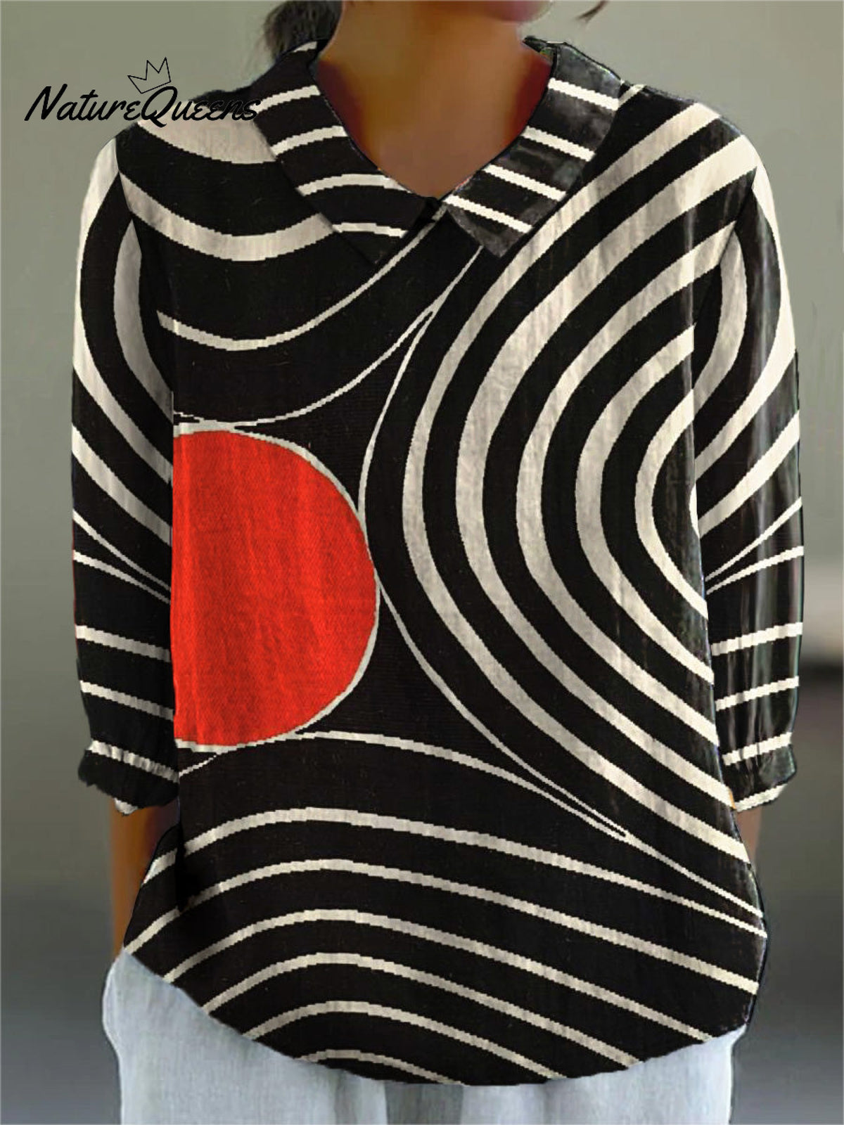 Abstract Swirl Pattern Printed Women's Casual Cotton And Linen 3/4 Sleeve Shirt