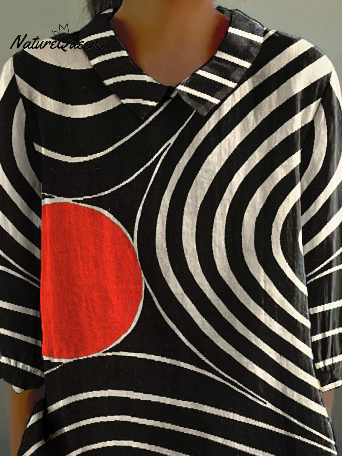 Abstract Swirl Pattern Printed Women's Casual Cotton And Linen 3/4 Sleeve Shirt