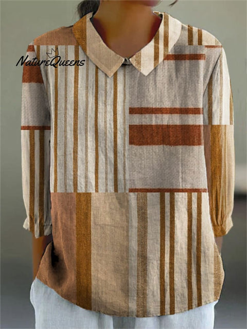 Contemporary Geometric Pattern Printed Women's Casual Cotton And Linen 3/4 Sleeve Shirt