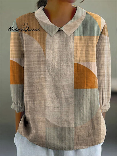 Minimalist Geometric Pattern Printed Women's Casual Cotton And Linen 3/4 Sleeve Shirt