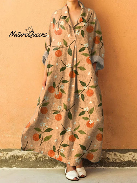 Summer Citrus Orange Pattern Printed Women's V-Neck Pocket Cotton Dress