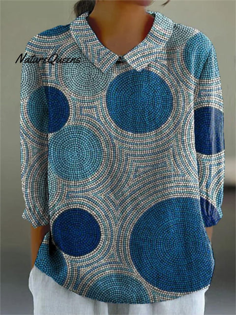 Geometric Circle Pattern Printed Women's Casual Cotton And Linen 3/4 Sleeve Shirt