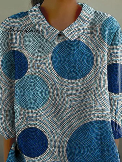 Geometric Circle Pattern Printed Women's Casual Cotton And Linen 3/4 Sleeve Shirt