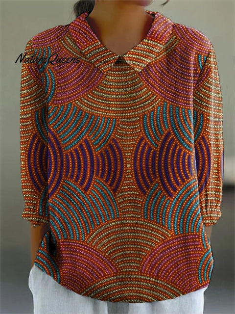 Tribal Style Geometric Pattern Printed Women's Casual Cotton And Linen 3/4 Sleeve Shirt