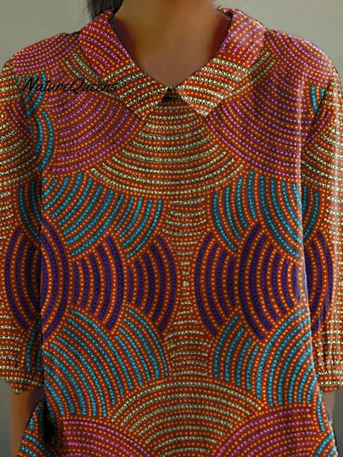 Tribal Style Geometric Pattern Printed Women's Casual Cotton And Linen 3/4 Sleeve Shirt