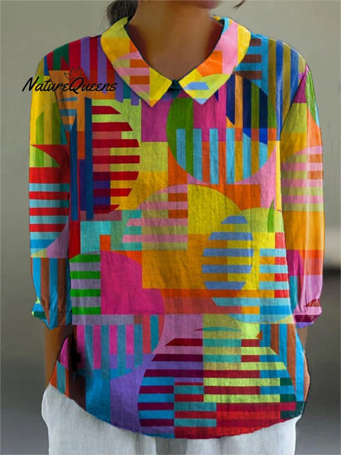 Bauhaus Style Geometric Pattern Printed Women's Casual Cotton And Linen 3/4 Sleeve Shirt