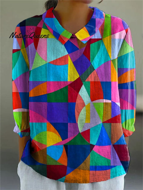 Multicolor Abstract Art Printed Women's Casual Cotton And Linen 3/4 Sleeve Shirt