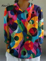 Geometric Patchwork Art Printed Women's Casual Cotton And Linen 3/4 Sleeve Shirt