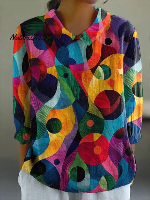 Geometric Patchwork Art Printed Women's Casual Cotton And Linen 3/4 Sleeve Shirt