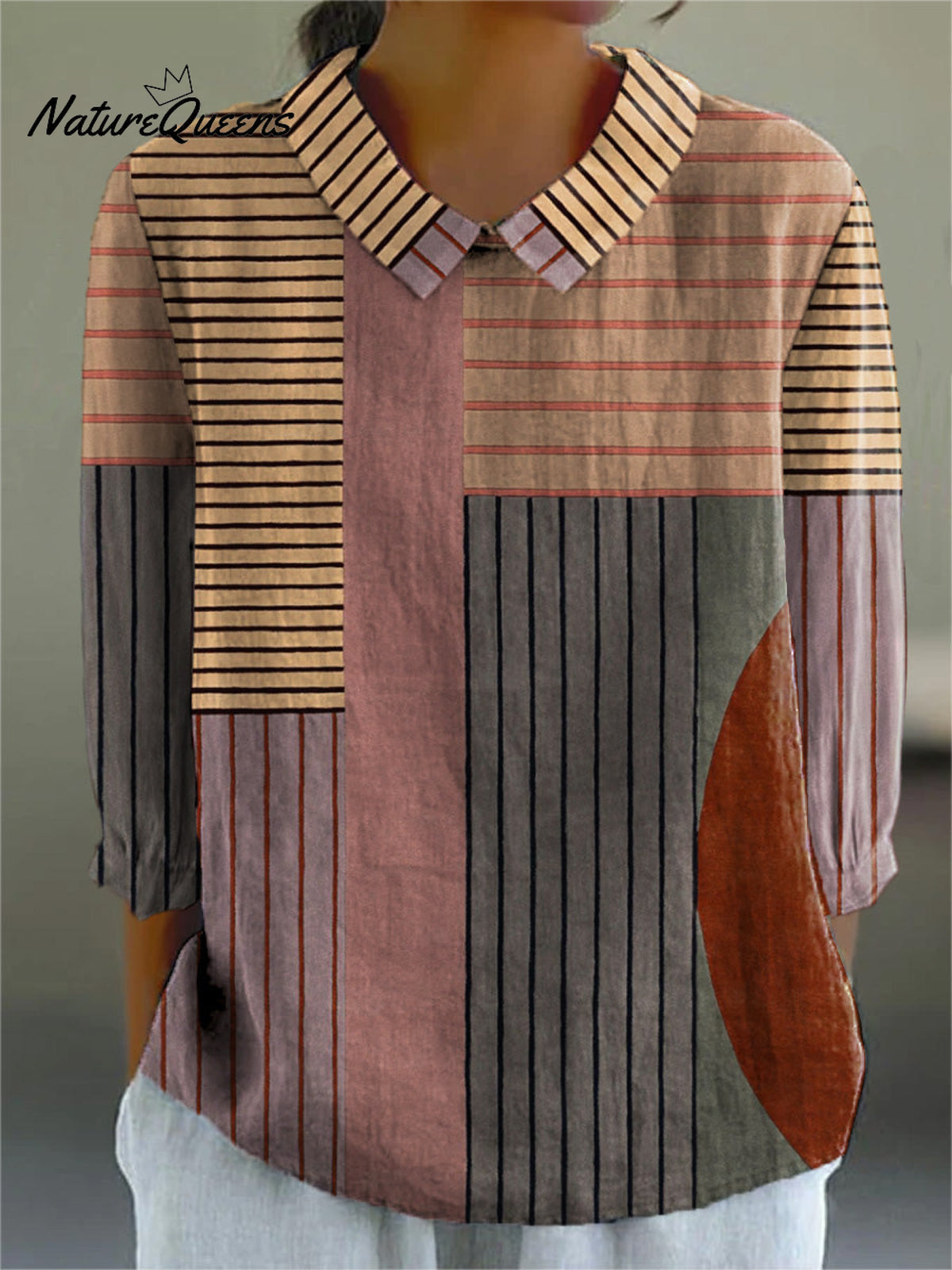 Minimalist Geometric Art Printed Women's Casual Cotton And Linen 3/4 Sleeve Shirt