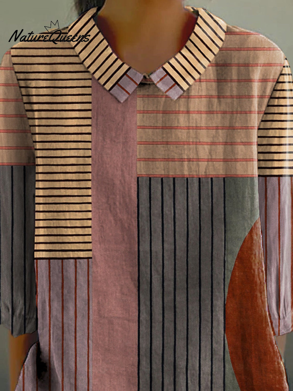 Minimalist Geometric Art Printed Women's Casual Cotton And Linen 3/4 Sleeve Shirt