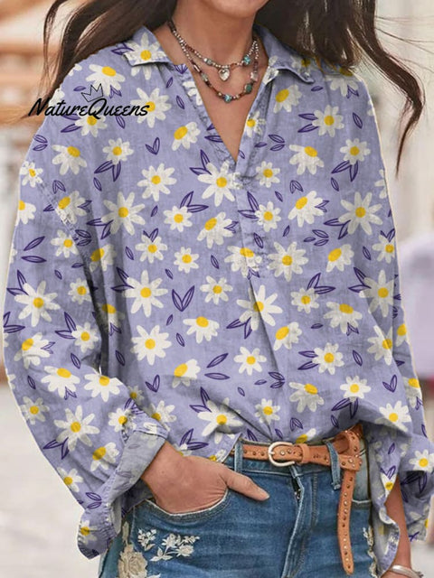 Lovely Spring Daisy Pattern Printed Women's Short Sleeve Pocket Cotton Shirt