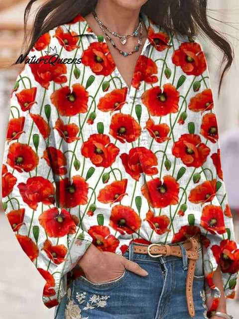 Summer Poppy Floral Pattern Printed Women's Short Sleeve Pocket Cotton Shirt