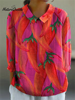 Summer Exotic Chilli Pattern Printed Women's Casual Cotton And Linen 3/4 Sleeve Shirt