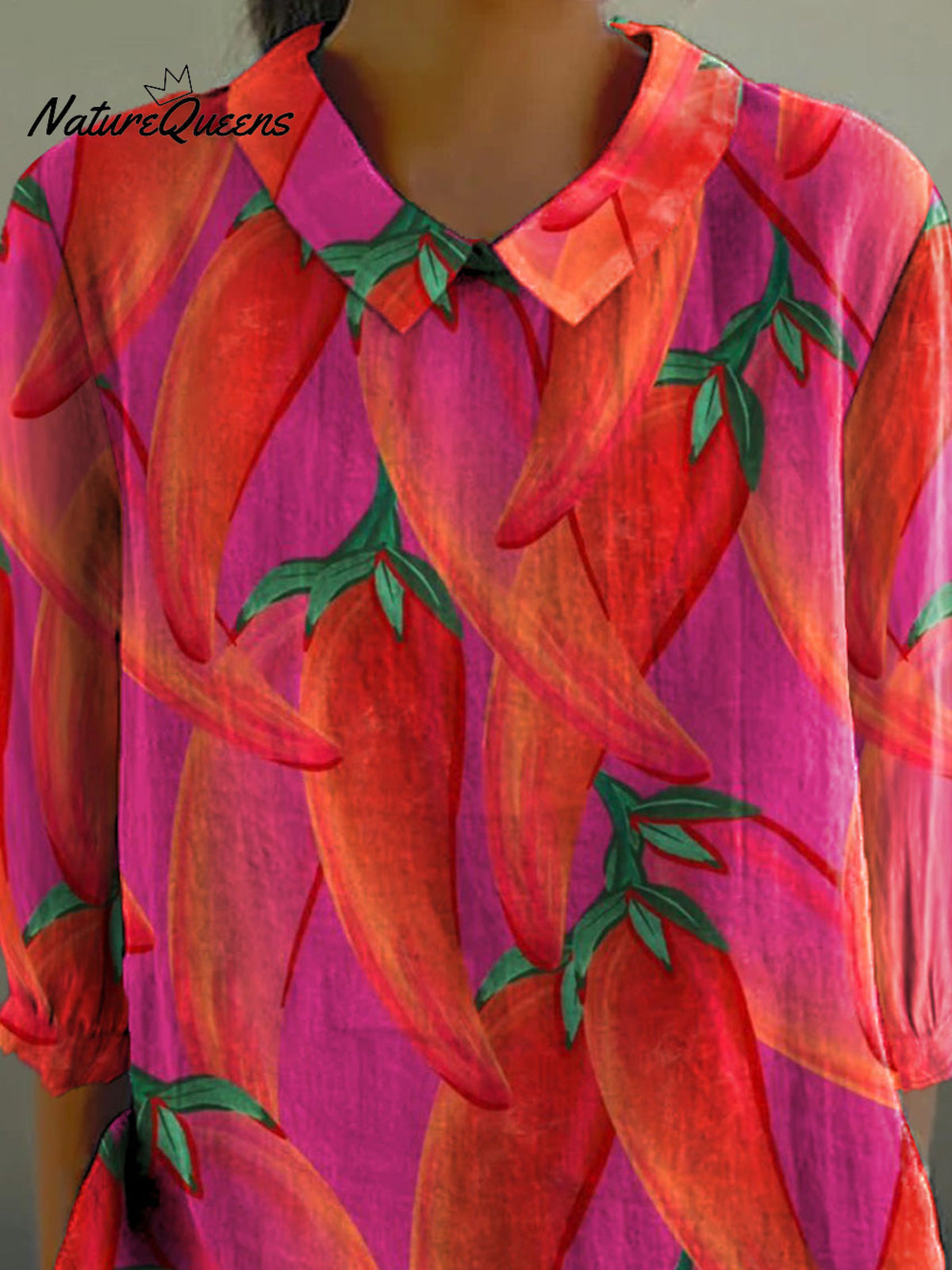 Summer Exotic Chilli Pattern Printed Women's Casual Cotton And Linen 3/4 Sleeve Shirt
