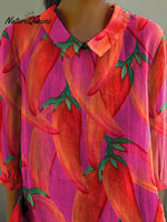 Summer Exotic Chilli Pattern Printed Women's Casual Cotton And Linen 3/4 Sleeve Shirt