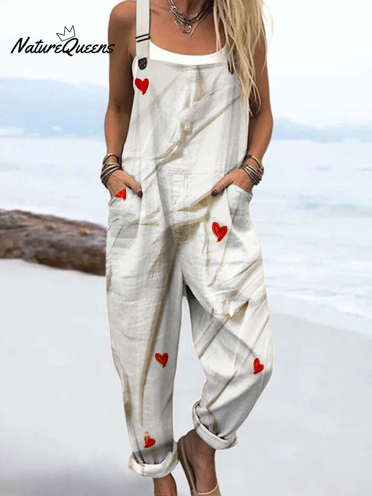 Women's Vintage Abstract Love Heart Art Print Casual 100% Cotton Wide Leg Jumpsuit