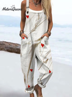 Women's Vintage Abstract Love Heart Art Print Casual 100% Cotton Wide Leg Jumpsuit