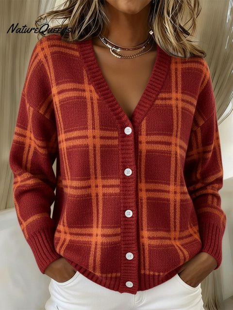 Retro Soft Plaid Contrast Color V-Neck Button Knit Cardigan