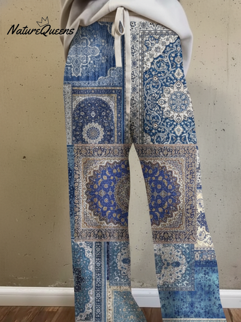 Women's Casual Retro Splicing Printed Knitted Wide-Leg Pants