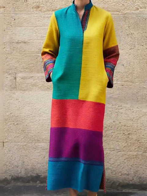 Artistic Rainbow Color Block Print Maxi Dress