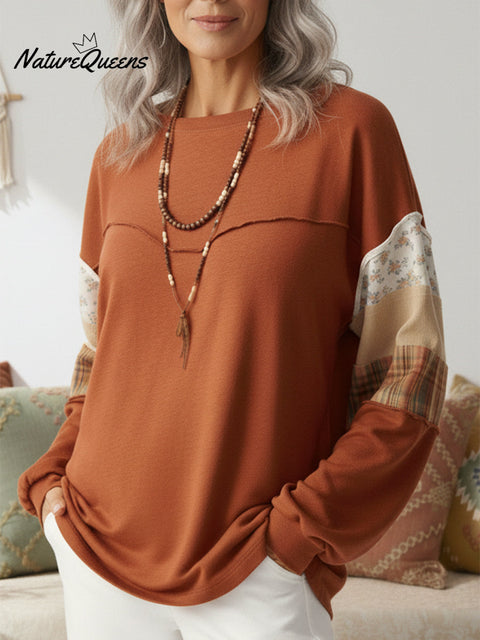 Boho Floral Check Patchwork Print Cotton Sweatshirt