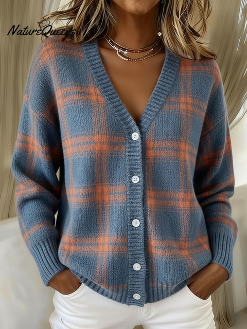 Retro Soft Plaid Contrast Color V-Neck Button Knit Cardigan