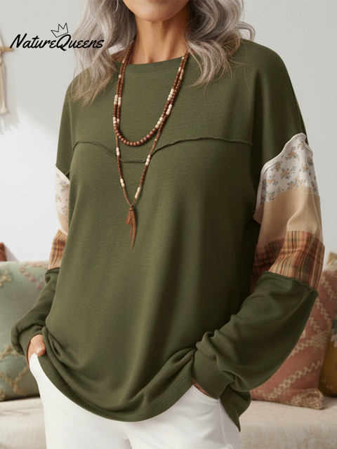 Boho Floral Check Patchwork Print Cotton Sweatshirt