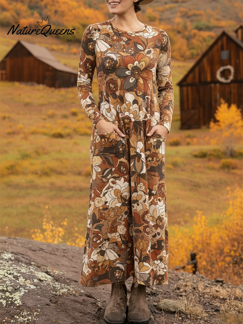 Women's Retro Flower Pocket Stretch Dress Mocha