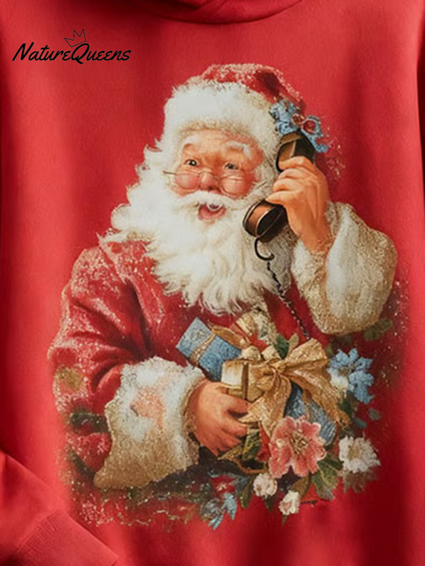 Cute Santa Claus Calling You Printed Cotton Hoodie