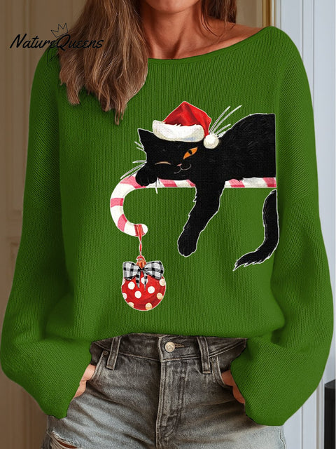 Women's Christmas Cat Print Knit Top
