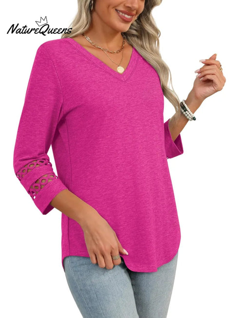 2025 New Womens 3/4 Length Sleeve Tops Trendy V Neck T Shirts