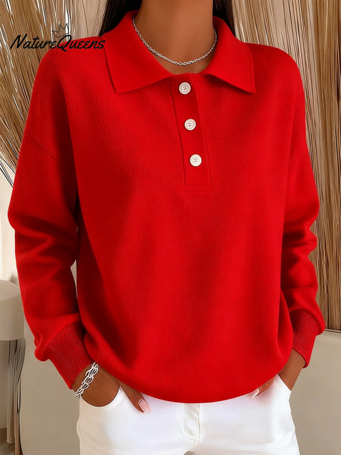 Women's Solid Color Simple Button Design Lapel Sweatshirt