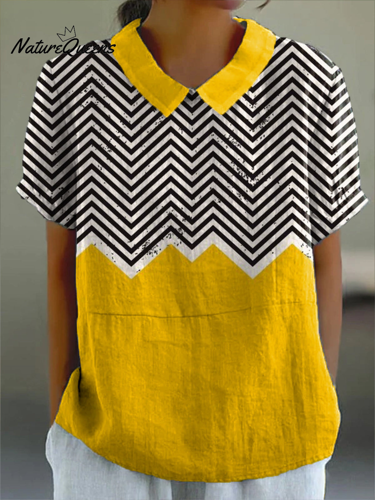 Women's Irregular Geometric Art Print Casual Cotton And Linen Shirt