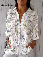 Women's Blue Green Watercolor Elegant Small Flower Floral Print Casual Linen V-neck Shirt