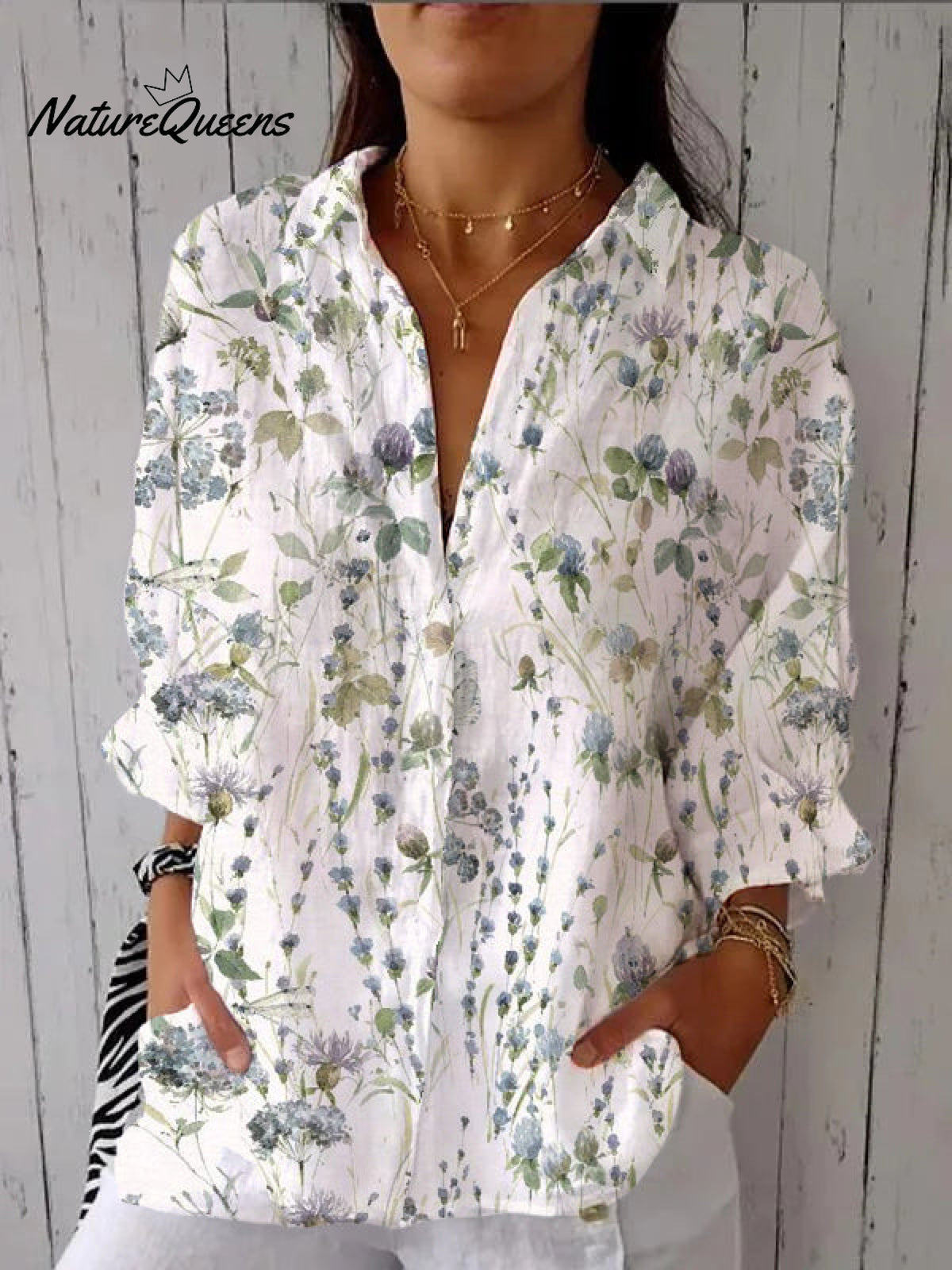 Women's Blue Green Watercolor Elegant Small Flower Floral Print Casual Linen V-neck Shirt