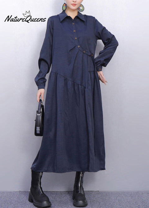 Monochrome Style Wrinkled Navy Shirt Dress Fall