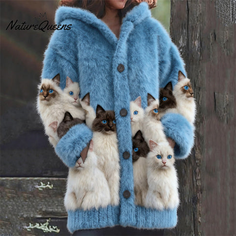 Classy Fuzzy Cats Art Cozy Knit Hooded Cardigan