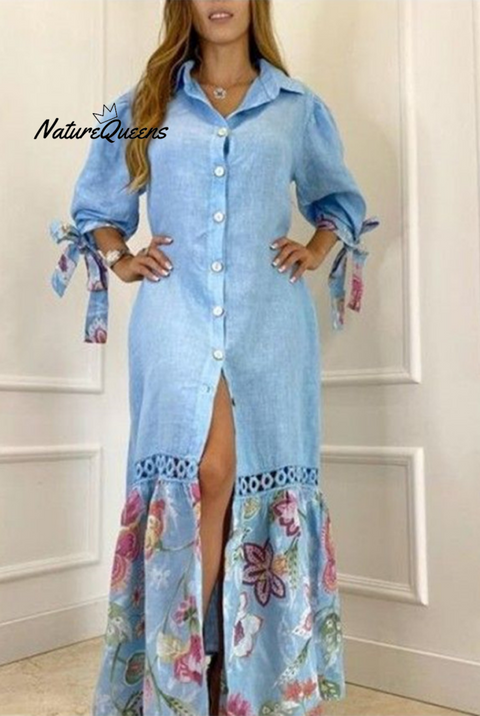 Casual Print Patchwork Turndown Collar Shirt Dress Dresses(5 Colors)