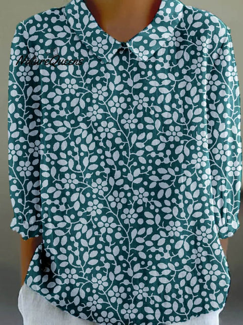 Women's Small Floral Pattern Casual Cotton And Linen Top