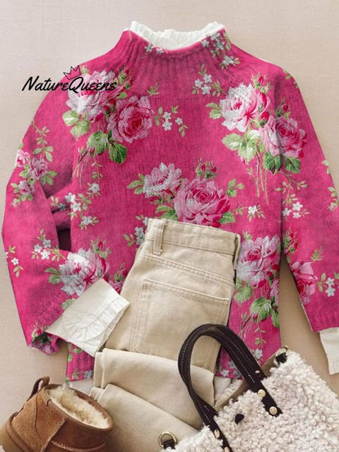 Women's Casual Valentine's Day Floral Print Knit Turtleneck Top